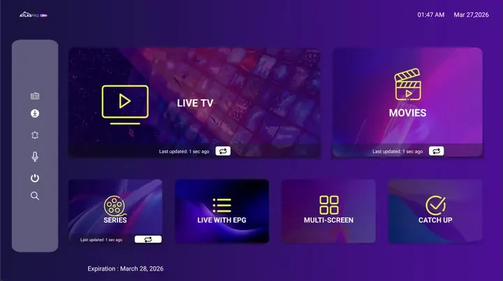 Interface application Atlas Pro ONTV — tableau de bord IPTV